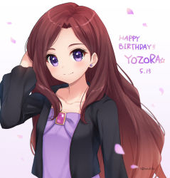 Rule 34 | 1girl, aikatsu! (series), aikatsu stars!, arm up, bad id, bad pixiv id, black jacket, blush, brown hair, character name, closed mouth, collarbone, commentary request, dated, dress, earrings, forehead, gradient background, happy birthday, jacket, jewelry, kasumi yozora, long hair, open clothes, open jacket, parted bangs, petals, purple background, purple dress, purple eyes, smile, solo, star (symbol), strapless, strapless dress, stud earrings, twitter username, very long hair, white background, yumoran
