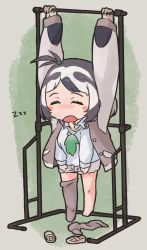 Rule 34 | 1girl, absurdres, bare legs, barefoot, black hair, blush stickers, brown hair, buttons, chibi, closed eyes, collared shirt, drooling, full body, green necktie, hanging, highres, jacket, kemono friends, unworn legwear, long sleeves, medium hair, mouth drool, multicolored hair, necktie, open clothes, open jacket, open mouth, parted bangs, sandals, unworn sandals, shirt, shorts, single thighhigh, sleeping, sleeping upright, sloth (kemono friends), sloth girl, solo, thighhighs, toriny, unbuttoned, zzz