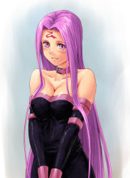 Rule 34 | 00s, 1girl, bare shoulders, blush, breasts, breasts squeezed together, cleavage, collar, collarbone, detached sleeves, dress, fate/stay night, fate (series), long hair, medium breasts, medusa (fate), medusa (rider) (fate), pink eyes, pink hair, solo, square pupils, strapless, strapless dress, tani, v arms, very long hair