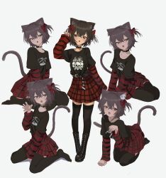 1girl :d :o absurdres animal_ear_fluff animal_ears arm_support arms_between_legs between_legs black_choker black_collar black_nails black_shirt black_thighhighs blush bow brown_eyes brown_fur brown_hair brown_tail cat_ears cat_girl cat_tail choker claw_pose collar collarbone crossed_bangs dot_nose fang fingernails full_body grey_eyes hair_between_eyes hair_bow hair_intakes hand_between_legs hand_up head_tilt high-waist_skirt highres kgt_(pixiv12957613) layered_clothes layered_shirt layered_sleeves leaning_forward long_bangs long_hair long_sleeves looking_at_viewer miniskirt multiple_views no_shoes one_side_up open_mouth original paw_pose pink_nails plaid_clothes plaid_skirt pleated_skirt print_shirt red_bow red_shirt red_skirt seiza shadow shirt shirt_tucked_in short_hair short_sleeves side_ahoge sidelocks simple_background single_sleeve_past_wrist sitting skin_fang skirt sleeves_past_wrists smile standing striped_clothes striped_shirt t-shirt tail thighhighs two-tone_shirt wariza white_background yokozuwari