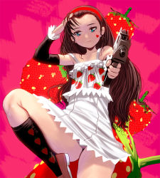 Rule 34 | 1girl, aiming, aiming at viewer, blue eyes, blush, brown hair, collarbone, detached sleeves, dress, food, fruit, gun, heart, holding, holding gun, holding weapon, kouno (masao), leg up, long hair, looking at viewer, mac-10/11, original, panties, pink background, solo, strap slip, strawberry, striped clothes, striped panties, submachine gun, underwear, weapon, weapon request