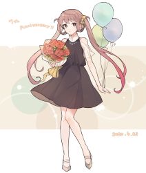 Rule 34 | 1girl, alternate costume, anniversary, asagumo (kancolle), bad id, bad twitter id, balloon, black dress, bouquet, brown hair, dated, dress, flower, full body, hair ribbon, holding, holding bouquet, kantai collection, long hair, red flower, ribbon, see-through, see-through sleeves, shakemi (sake mgmgmg), silver footwear, simple background, solo, twintails