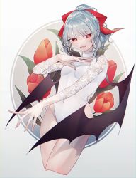 Rule 34 | 1girl, absurdres, alternate hairstyle, arm up, bat wings, black wings, blue hair, bow, breasts, bridal lingerie, closed mouth, covered navel, eyes visible through hair, fingernails, flower, gradient background, grey background, hair bow, hand up, highres, katai (nekoneko0720), lace sleeves, lace trim, leotard, lingerie, long fingernails, long sleeves, looking to the side, medium breasts, navel, no headwear, pointy ears, ponytail, red bow, red eyes, red flower, remilia scarlet, sharp fingernails, short hair, short ponytail, solo, standing, touhou, tulip, underwear, white background, white leotard, wings