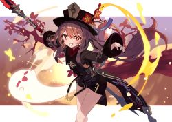 Rule 34 | 1girl, black coat, black hat, black shorts, blush, branch, breasts, brown hair, bug, butterfly, coat, coattails, flower, genshin impact, ghost, grin, hajime (hajime-ill-1st), hat, hat flower, highres, hu tao (genshin impact), insect, long hair, long sleeves, looking at viewer, plum blossoms, red eyes, shorts, small breasts, smile, staff of homa (genshin impact), symbol-shaped pupils, thighs, twintails, very long hair