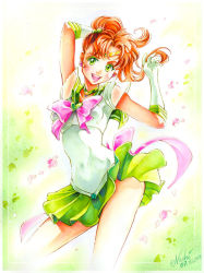 Rule 34 | 1girl, :d, arm behind head, arms up, bishoujo senshi sailor moon, bow, brooch, brown hair, choker, circlet, clothes lift, colored eyelashes, contrapposto, covered navel, cowboy shot, dated, earrings, elbow gloves, floating hair, framed, gloves, green background, green eyes, hair bobbles, hair ornament, head tilt, heart, high ponytail, image sample, jewelry, kino makoto, long hair, looking at viewer, magical girl, miniskirt, nashi juni, open mouth, outline, parted bangs, petals, pink bow, ponytail, sailor jupiter, school uniform, see-through, serafuku, short sleeves, signature, skirt, skirt lift, smile, solo, sparkle, standing, super sailor jupiter, wavy hair, white gloves, wide hips, wind, wind lift