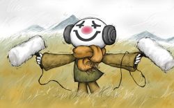 Rule 34 | clown, haru (haruillust), headphones, mountain, no humans, outstretched arms, scarecrow, scarf, smile, spread arms, third-party edit, wallpaper, what