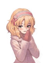 Rule 34 | 1girl, asagi noko, blonde hair, coat, commentary request, fur trim, gloves, green eyes, hairband, own hands clasped, idolmaster, idolmaster cinderella girls, lolita hairband, looking to the side, own hands together, parted lips, pink hairband, pink ribbon, red gloves, ribbon, sakurai momoka, short hair, simple background, smile, solo, upper body, wavy hair, white background, white coat, winter clothes