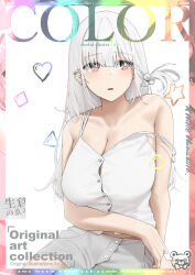 Rule 34 | 1girl, breasts, camisole, cleavage, ear piercing, grey camisole, grey hair, grey shorts, hair ornament, highres, large breasts, long hair, looking away, midriff peek, noeru, one side up, original, parted lips, piercing, pink eyes, shirt, short shorts, shorts, simple background, solo, strap slip, white background, white shirt