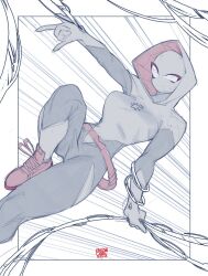 Rule 34 | 1girl, \m/, airborne, artist name, belt, bodysuit, border, breasts, commentary, dated, english commentary, gloves, holding, hood, hood up, hooded bodysuit, leg up, marvel, mask, medium breasts, motion lines, red belt, red footwear, shoes, sneakers, snowcie, solo, spider-gwen, spider-man (series), spot color, superhero costume, white border