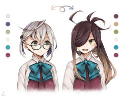 Rule 34 | 2girls, ahoge, alternate hair color, arrow (symbol), asashimo (kancolle), bad id, bad pixiv id, blue-framed eyewear, blue bow, blue neckwear, bow, bowtie, brown hair, color switch, crossed bangs, dress, glasses, green eyes, grey hair, hair over one eye, kantai collection, light brown hair, long hair, miroku san-ju, multicolored hair, multiple girls, okinami (kancolle), open mouth, pleated dress, ponytail, purple dress, school uniform, shirt, short hair, signature, smile, squiggle, sweatdrop, two-tone hair, upper body, white background, white shirt, wing collar