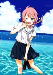 Rule 34 | 1girl, braid, cloud, day, dutch angle, female focus, grey eyes, hand on own face, holding, holding shoes, midriff, ocean, one eye closed, original, outdoors, pink hair, pitoo, school uniform, sea spray, see-through, serafuku, shoes, skirt, sky, smile, solo, wading, water, wink
