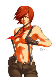 Rule 34 | 1girl, gloves, hair over one eye, naked suspenders, necktie, red hair, revealing clothes, snk, solo, suspenders, the king of fighters, topless, vanessa (kof)