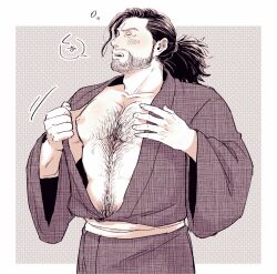 Rule 34 | 1boy, bara, beard, black hair, chest hair, closed eyes, collarbone, facial hair, japanese clothes, kimono, long hair, male focus, monochrome, muscular, muscular male, navel hair, nipple slip, nipples, okomepower, open clothes, open kimono, ponytail, rise of the ronin, sakamoto ryouma (rise of the ronin), sleepy, solo, squeans, tearing up, translation request, yawning
