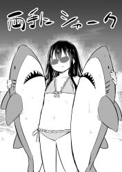 Rule 34 | 1girl, absurdres, airandou, bare shoulders, bikini, blush, closed mouth, cloud, collarbone, commentary request, day, facing viewer, flat chest, frilled bikini, frills, glint, greyscale, hair between eyes, highres, holding, holding stuffed toy, long hair, monochrome, navel, original, outdoors, sky, smile, solo, standing, stuffed animal, stuffed shark, stuffed toy, sunglasses, swimsuit, translation request, water
