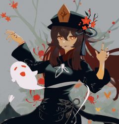 Rule 34 | 1girl, absurdres, bad id, bad pixiv id, berry, black dress, bright pupils, brown hair, bug, butterfly, closed mouth, commentary, dress, flower, flower-shaped pupils, genshin impact, ghost, grey background, hair between eyes, hat, hat flower, highres, hu tao (genshin impact), insect, jewelry, long hair, long sleeves, looking at viewer, multiple rings, nicporim, orange butterfly, orange eyes, red flower, ring, solo, spider lily, symbol-shaped pupils, tongue, tongue out, upper body, white pupils, yellow butterfly