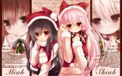 Rule 34 | 2girls, animal ears, bell, black hair, black legwear, blush, cat ears, cat tail, english text, hand on own face, hat, highres, long hair, mia flatpaddy, multiple girls, original, pink hair, pom pom (clothes), red eyes, ribbon, santa hat, scarf, shia flatpaddy, skirt, smile, sweater, syroh, tail, tail bell, tail ornament, tail ribbon, thighhighs, wallpaper, zoom layer