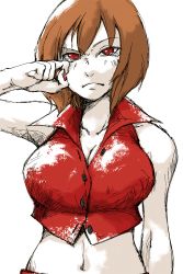 Rule 34 | 1girl, breasts, brown hair, female focus, frown, meiko (vocaloid), midriff, red eyes, short hair, shou shishi, simple background, solo, tears, vocaloid, white background