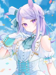 Rule 34 | 1girl, absurdres, animal ears, ascot, commentary request, corset, crop top, gloves, green ascot, hat, highres, horse ears, horse girl, jacket, long hair, looking at viewer, mejiro mcqueen (end of sky) (umamusume), mejiro mcqueen (umamusume), mini hat, mini top hat, moko (mokochisa), official alternate costume, purple eyes, purple hair, revision, solo, top hat, twitter username, umamusume, upper body, white gloves, white hat, white jacket