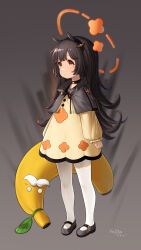 Rule 34 | 1girl, artist name, black capelet, black footwear, black hair, capelet, clenched hand, commentary request, dated, full body, grey background, halo, highres, koebushi (mat), long hair, long sleeves, mole, mole under eye, orange eyes, original, pantyhose, solo, standing, stuffed banana, white pantyhose