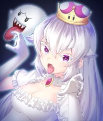 Rule 34 | 1girl, boo (mario), breasts, brooch, collarbone, commentary request, crown, dress, elbow gloves, eyes visible through hair, fang, frilled dress, frills, ghost pose, gloves, hair between eyes, highres, jewelry, kakutasu (akihiron cactus), large breasts, long hair, looking at viewer, luigi&#039;s mansion, mario (series), new super mario bros. u deluxe, nintendo, open mouth, princess king boo, purple eyes, short sleeves, super crown, tongue, tongue out, v-shaped eyebrows, white dress, white gloves, white hair