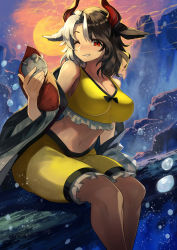 Rule 34 | 1girl, absurdres, animal ears, animal print, black hair, breasts, cleavage, cow ears, cow girl, cow horns, cow print, crop top, grey hair, haori, highres, horns, japanese clothes, large breasts, looking at viewer, multicolored hair, navel, parted lips, red eyes, red horns, red tail, shorts, sitting, smile, solo, split-color hair, tank top, teo (telo ruka), touhou, two-tone hair, underwater, ushizaki urumi, yellow shorts, yellow tank top