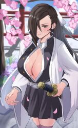 Rule 34 | 1girl, absurdres, alternate costume, black hair, breasts, brown eyes, cleavage, coat, cosplay, dress, fire emblem, fire emblem fates, hair over one eye, highres, kagero (fire emblem), kanroji mitsuri, kanroji mitsuri (cosplay), kimetsu no yaiba, large breasts, long hair, long sleeves, looking at viewer, nintendo, peli cantaro, ponytail, serious, sheath, sheathed, short dress, solo, sword, thighhighs, weapon, white coat, zettai ryouiki
