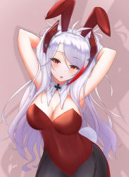 Rule 34 | 1girl, ahoge, animal ears, armpits, arms behind head, azur lane, blush, breasts, cleavage, cross, detached collar, fake animal ears, iron cross, leotard, long hair, looking at viewer, medium breasts, messy hair, open mouth, pantyhose, playboy bunny, prinz eugen (azur lane), rabbit ears, rabbit tail, red eyes, shadow, signature, silver hair, simple background, tail, thick thighs, thighs, wide hips, zeri (zeristudio)