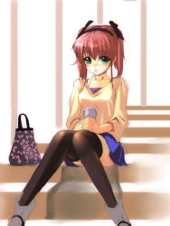 Rule 34 | 1girl, bad id, bad pixiv id, bag, cup, drinking straw, handbag, hiro takase, red hair, sitting, sitting on stairs, skirt, solo, stairs, takase hiro, thighhighs