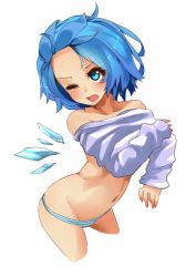 Rule 34 | 1girl, bad id, bad pixiv id, blue eyes, blue hair, blush, cirno, collarbone, cropped legs, forehead, matching hair/eyes, messy hair, navel, one eye closed, open mouth, panties, short hair, solo, striped clothes, striped panties, touhou, underwear, undressing, wings, wink, yoo (tabi no shiori)