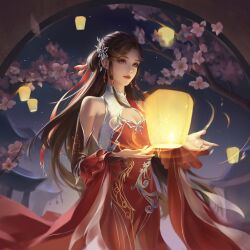 Rule 34 | 1girl, absurdres, breast cutout, brown hair, building, closed mouth, detached sleeves, earrings, flower, hair ornament, hair rings, highres, huo linger (wanmei shijie), jewelry, lantern, long hair, night, pink flower, purple eyes, second-party source, shu yingr, solo, star (sky), two-tone dress, upper body, wanmei shijie