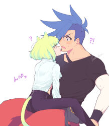 Rule 34 | !?, 2boys, androgynous, animal ears, armlet, artist name, asymmetrical hair, black shirt, blue eyes, blue hair, blush, cat boy, cat ears, cat tail, collared shirt, commentary request, firefighter, galo thymos, green eyes, highres, kome 1022, licking, licking another&#039;s face, lio fotia, long sleeves, male focus, mohawk, multicolored eyes, multiple boys, open mouth, orange eyes, pants, pink eyes, promare, red pants, shirt, short sleeves, sidelocks, simple background, sitting, sitting on person, skin tight, surprised, tail, tight clothes, tight pants, tongue, tongue out, translated, white background, white shirt, yaoi, zipper