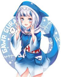 Rule 34 | 1girl, :d, a (phrase), animal costume, animal hood, bad id, bad pixiv id, blue eyes, blue hair, blue hoodie, blue nails, blunt bangs, blush, character name, commentary request, cowboy shot, fins, fish tail, gawr gura, gawr gura (1st costume), hands up, highres, hololive, hololive english, hood, hood up, hoodie, long sleeves, looking at viewer, medium hair, multicolored hair, n15e, nail polish, open mouth, shark costume, shark girl, shark hood, shark tail, sharp teeth, smile, solo, speech bubble, streaked hair, tail, teeth, virtual youtuber, white hair