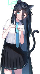 Rule 34 | 1girl, absurdly long hair, absurdres, animal ear fluff, animal ears, aris (blue archive), black hair, black hairband, black skirt, blue archive, blue eyes, blue necktie, blush, breasts, cat ears, cat tail, collared shirt, cowboy shot, eyes visible through hair, hair ornament, hair over one eye, hairband, halo, highres, kemonomimi mode, long bangs, long hair, looking at viewer, necktie, no jacket, one side up, paw pose, pleated skirt, shirt, shirt tucked in, short sleeves, simple background, skirt, small breasts, smile, solo, tail, takechii, tie clip, very long hair, white background, white shirt