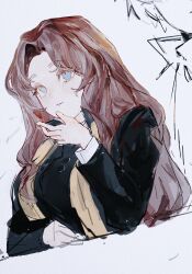 Rule 34 | 1girl, black coat, blue eyes, brown hair, coat, highres, limbus company, long hair, long sleeves, looking to the side, o tyappa, parted bangs, parted lips, project moon, rodion (project moon), solo, stole, upper body, very long hair