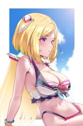 Rule 34 | 1girl, absurdres, aki rosenthal, ar-khey, arm support, bare shoulders, bikini, blonde hair, blue eyes, breasts, cleavage, detached hair, from side, highleg, highleg bikini, highres, hololive, hololive summer 2023 swimsuit, layered bikini, leaning back, long hair, looking ahead, medium breasts, navel, outside border, parted bangs, parted lips, sitting, sky, solo, striped bikini, striped clothes, swimsuit, virtual youtuber