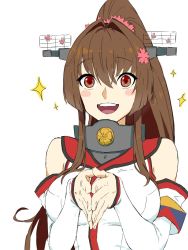 Rule 34 | 1girl, breasts, brown hair, cherry blossoms, detached sleeves, flower, hair flower, hair ornament, highres, kantai collection, kikumon, large breasts, long hair, naginobee, ponytail, red eyes, simple background, solo, sparkle, upper body, white background, yamato (kancolle), z flag
