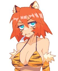 Rule 34 | 1girl, animal ears, animal print, bikini, blue eyes, breasts, cigarette, cleavage, closed mouth, collarbone, fang, fang out, hcnone, highres, large breasts, looking at viewer, orange hair, original, pixel art, short hair, solo, swimsuit, tiger-chan (hcnone), tiger ears, tiger girl, tiger print, upper body