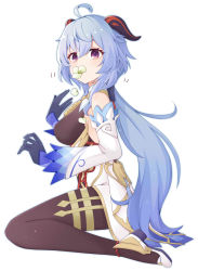 Rule 34 | absurdres, ahoge, bare shoulders, bell, black gloves, black legwear, blue hair, breasts, chinese knot, curled horns, detached sleeves, flower, flower in mouth, flower knot, full body, ganyu (genshin impact), genshin impact, gloves, gold trim, high heels, highres, horns, long hair, medium breasts, neck bell, purple eyes, shiro (branch0126), simple background, sitting, solo, tassel, thighlet, white background, white sleeves