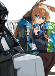 Rule 34 | 1girl, 1other, absurdres, amiya (arknights), animal ears, arknights, ascot, bench, black coat, blue ascot, blue eyes, brown hair, brown pantyhose, clothes writing, coat, doctor (arknights), feet out of frame, finger to mouth, helmet, highres, hood, hooded coat, jewelry, long hair, long sleeves, looking at viewer, miniskirt, multiple rings, open clothes, open coat, open mouth, pantyhose, ponytail, rabbit ears, ring, shirt, shirt tucked in, shushing, sitting, skirt, smile, u no nijiart, white shirt
