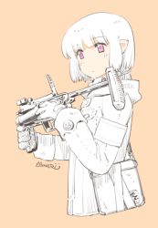 Rule 34 | 1girl, bag, chinese commentary, commentary request, gloves, grenade launcher, gun, handbag, jacket, miharu (cgsky), original, pointy ears, purple eyes, reloading, short hair, solo, weapon, weapon request, white hair