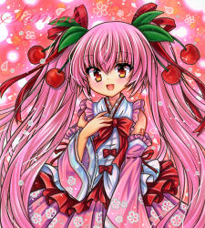 Rule 34 | 1girl, :d, bare shoulders, bow, bowtie, cherry, cherry blossoms, cherry hair ornament, commentary request, cowboy shot, detached sleeves, embellished costume, food, food-themed hair ornament, frilled shirt, frills, fruit, hair between eyes, hair ornament, hair ribbon, hand on own chest, hatsune miku, leaf hair ornament, long hair, long sleeves, looking at viewer, marker (medium), open mouth, petals, pink hair, pink skirt, pink sleeves, red bow, red bowtie, red eyes, red ribbon, ribbon, rui (sugar3), sakura miku, sample watermark, shirt, skirt, sleeveless, sleeveless shirt, smile, solo, standing, traditional media, twintails, very long hair, vocaloid, watermark, white shirt, wide sleeves