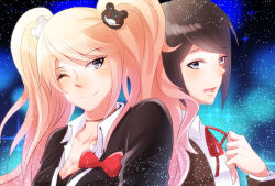 Rule 34 | 2girls, back-to-back, bear hair ornament, black choker, black hair, black shirt, blonde hair, blush, bow, bowtie, breasts, brown coat, brown jacket, choker, cleavage, close-up, coat, collarbone, collared shirt, danganronpa: trigger happy havoc, danganronpa (series), enoshima junko, eyebrows, freckles, grey eyes, hair ornament, hand on own chest, hand up, ikusaba mukuro, incest, jacket, lace, lace choker, leaning on person, long eyelashes, looking at another, looking to the side, multicolored background, multiple girls, neck ribbon, neckwear request, nose, one eye closed, open mouth, red bow, red ribbon, ribbon, shirt, siblings, simple background, sisters, sky, smile, star (sky), star (symbol), starry background, starry sky, twincest, twins, twintails, upper body, white shirt, wink, yuri