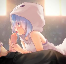 Rule 34 | 1boy, 1girl, aoi tori, bad id, bad pixiv id, blue eyes, blue hair, blush, clothes lift, dress, erection, fellatio, has bad revision, has censored revision, hetero, highres, hood, licking, md5 mismatch, one eye closed, open pants, oral, original, pants, penis, shirt, shirt lift, short hair, sleeveless, sleeveless dress, teru-chan (aoi tori), tongue, tongue out, unbuttoned, uncensored