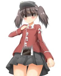 Rule 34 | 10s, 1girl, blush, breast conscious, brown eyes, brown hair, cellphone, clenched hand, cowboy shot, eyebrows, failure, falling, flat chest, from below, frown, gloom (expression), highres, japanese clothes, kantai collection, kariginu, long sleeves, matching hair/eyes, nedia (nedia region), object on breast, panties, pantyshot, phone, pleated skirt, ryuujou (kancolle), shaded face, simple background, skirt, smartphone, solo, standing, tawawa challenge, twintails, underwear, visor cap, white background, white panties