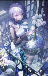 Rule 34 | 1girl, balcony, bridal gauntlets, dress, earrings, fishbowl, flower, from above, glass, hair behind ear, halter dress, halterneck, indoors, jewelry, long sleeves, looking at viewer, midori matsukaze, original, parted lips, pinafore dress, purple eyes, purple hair, see-through, see-through sleeves, short hair, sitting, sleeveless dress, solo, white dress