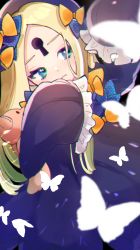 Rule 34 | 1girl, abigail williams (fate), absurdres, artist request, black bow, black dress, black hat, blonde hair, blue eyes, bow, breasts, bug, butterfly, closed mouth, dress, fate/grand order, fate (series), forehead, hair bow, hat, highres, insect, long hair, looking to the side, multiple hair bows, orange bow, parted bangs, polka dot, polka dot bow, ribbed dress, sleeves past fingers, sleeves past wrists, small breasts, solo, stuffed animal, stuffed toy, teddy bear