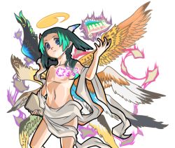 Rule 34 | 1boy, alternate design, alternate hairstyle, arm up, asymmetrical wings, bird wings, blue eyes, burning, collarbone, commentary request, drawing, energy, floating, floating object, green hair, holding, holding sketchbook, kemono friends, kemono friends 2, kyururu (kemono friends), long hair, male focus, multicolored eyes, multicolored hair, paper, serious, simple background, sketchbook, solo, takane (lovehatsune), topless male, two-tone hair, two side up, white background, wings