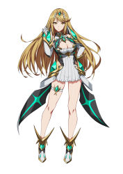 Rule 34 | 1girl, breasts, cleavage, cleavage cutout, clothing cutout, female focus, full body, highres, kurosara, legs, long hair, mythra (xenoblade), nintendo, simple background, solo, standing, swept bangs, thigh strap, very long hair, white background, xenoblade chronicles (series), xenoblade chronicles 2