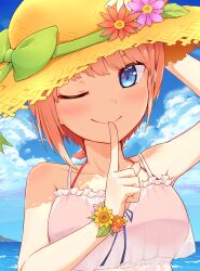 Rule 34 | 1girl, ;), arm behind head, bare shoulders, bikini, blue eyes, blue sky, blush, bow, breasts, cloud, collarbone, commentary, dress, eyebrows hidden by hair, eyelashes, finger to mouth, flower, flower wreath, frilled dress, frills, go-toubun no hanayome, green bow, green ribbon, hat, hat bow, hat ribbon, highres, index finger raised, leaf, looking at viewer, medium breasts, nakano ichika, ocean, one eye closed, pink hair, profnote, purple flower, red bikini, red flower, ribbon, see-through, see-through dress, short hair, sidelocks, sky, smile, solo, straw hat, summer, sunflower, swimsuit, white dress