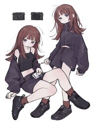 Rule 34 | 1girl, absurdres, bare shoulders, black footwear, black jacket, black shirt, black shorts, breasts, brown hair, brown socks, camera, cigarette, cigarette pack, closed mouth, commentary, grey eyes, highres, holding, holding cigarette, jacket, long hair, long sleeves, looking at viewer, midriff, mouth hold, multiple views, navel, off shoulder, open clothes, open jacket, original, shirt, shoes, shorts, simple background, sitting, sleeveless, sleeveless shirt, small breasts, smoking, sneakers, socks, spaghetti strap, standing, symbol-only commentary, white background, yunoki itsugu